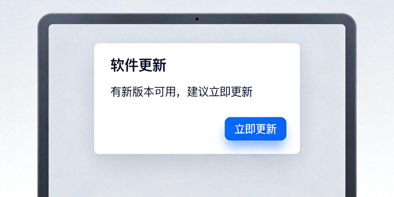 电脑屏幕上显示软件更新提示弹窗，突出显示‘立即更新’按钮