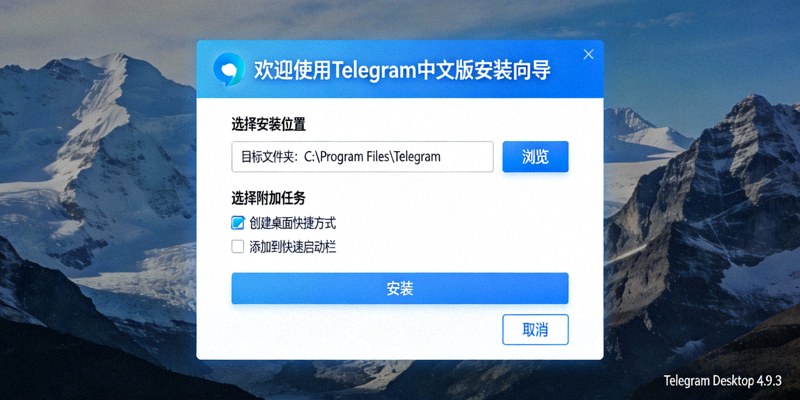 电脑屏幕上显示Telegram中文版客户端安装向导步骤的示意图