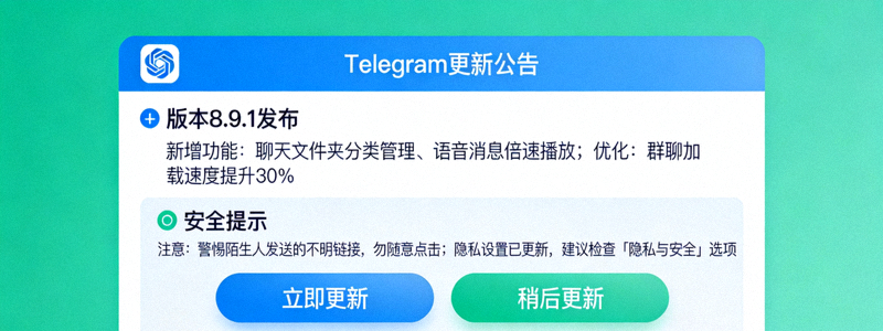 模拟Telegram官方发布更新公告与安全提示的界面示意图