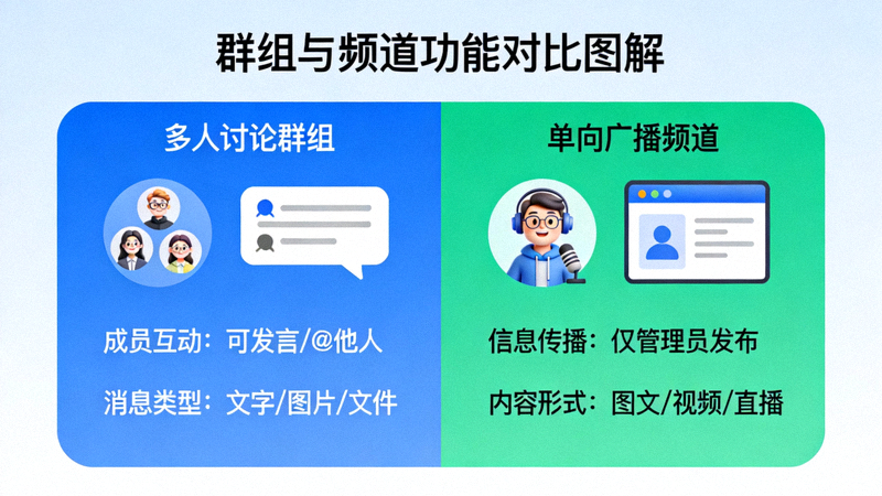 群组与频道功能对比图解，左侧为多人讨论的群组，右侧为单向广播的频道