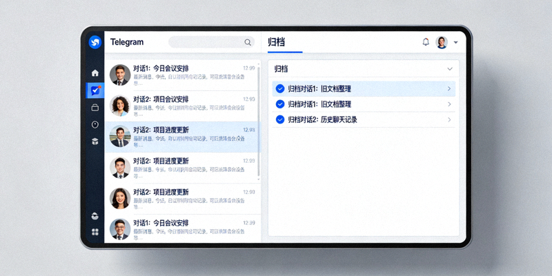 Telegram电脑版界面展示清晰有序的消息列表和归档文件夹管理视图