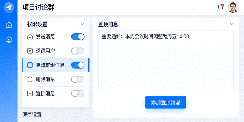 Telegram电脑版群组管理界面，展示权限设置和置顶消息区域