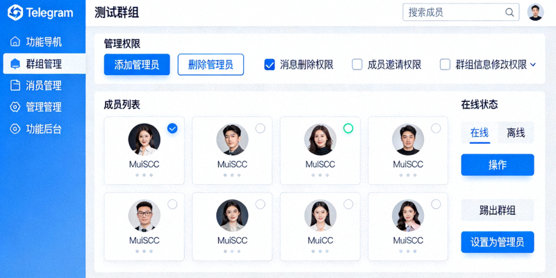 Telegram电脑版群组管理后台展示管理员权限设置和成员列表的界面