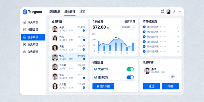 Telegram电脑版群组管理后台界面概念图