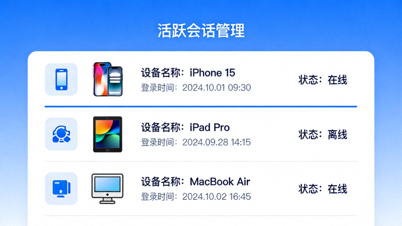 Telegram活跃会话管理界面，展示多个设备登录列表的示意图