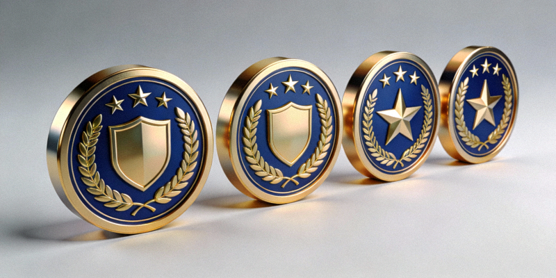 五个代表权威与信任的徽章排列展示的概念图