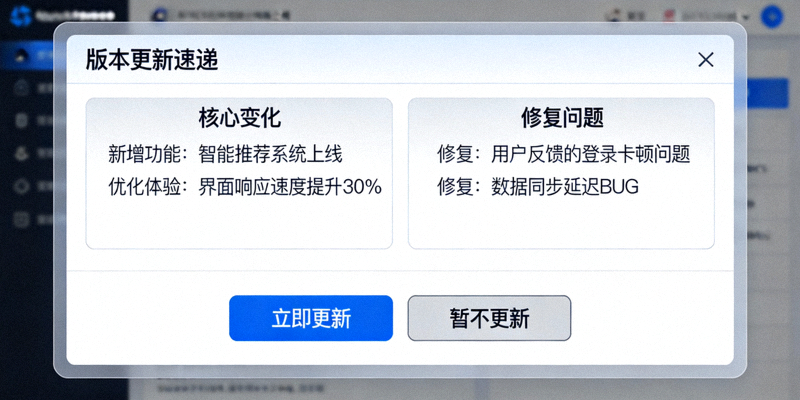 显示版本更新速递与变化日志的电脑弹窗示意图