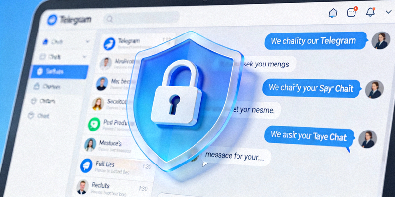 象征安全与隐私的锁和盾牌叠加在Telegram电脑版界面上的概念图