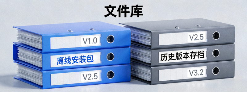 象征离线安装包与历史版本存档的文件库示意图