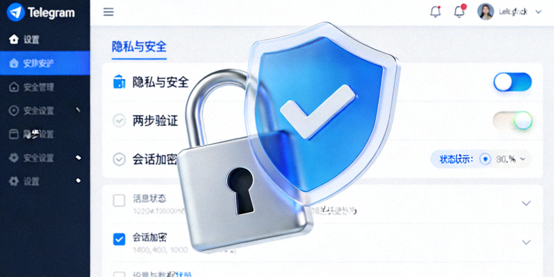 象征网络安全和隐私保护的锁与盾牌图案叠加在Telegram设置界面上