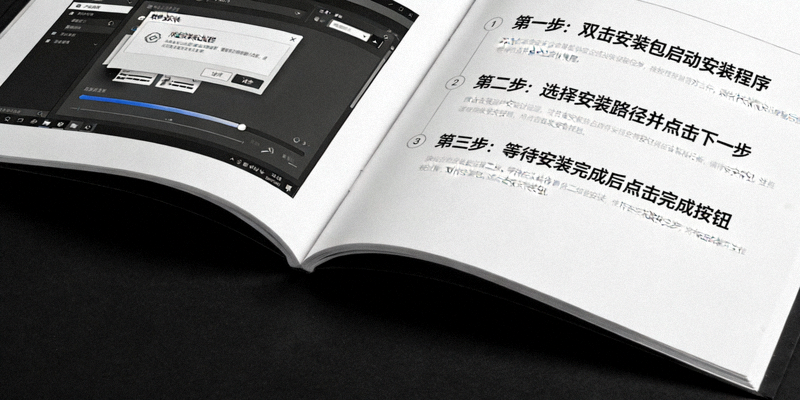 一本打开的手册，左边是清晰的软件安装截图，右边是详细的步骤说明文字