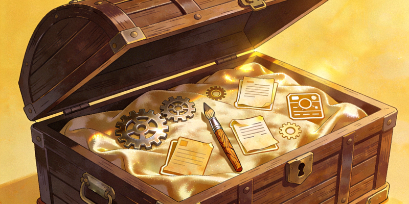 一个打开的木质宝箱，里面装满了代表不同资源的图标，如齿轮、画笔、文档等