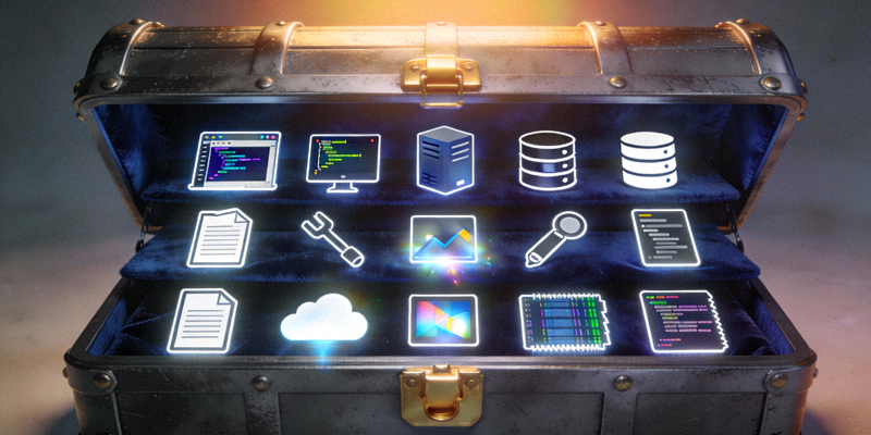 一个打开的宝箱，里面装满代表各种主题、插件和工具的图标