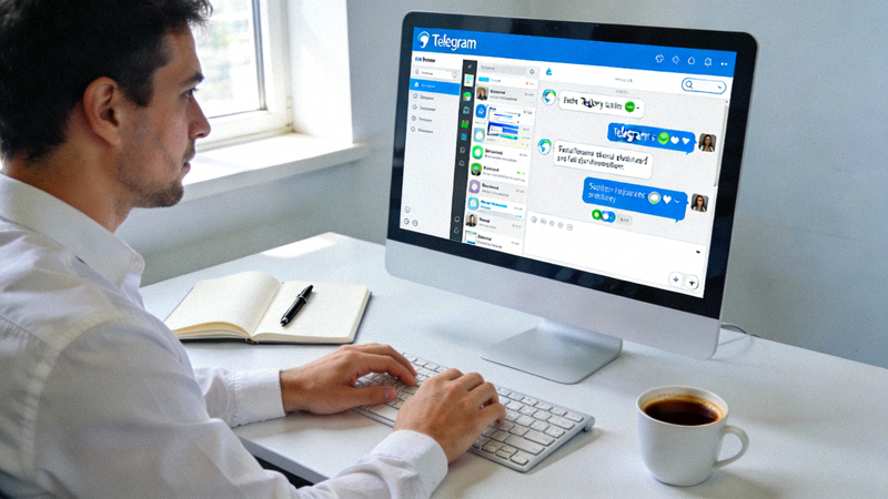 一位专业人士在电脑前高效使用Telegram电脑版进行工作的场景