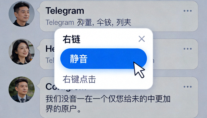 在Telegram聊天列表上右键点击某个聊天，弹出菜单中高亮显示静音选项